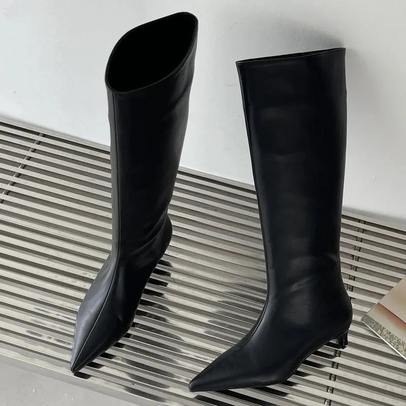 2024 Fashion Women's Pointed Low Heel Knee-High Boots - PU Sewing Spring/Autumn Party & Western Style (Sizes 35-40)
