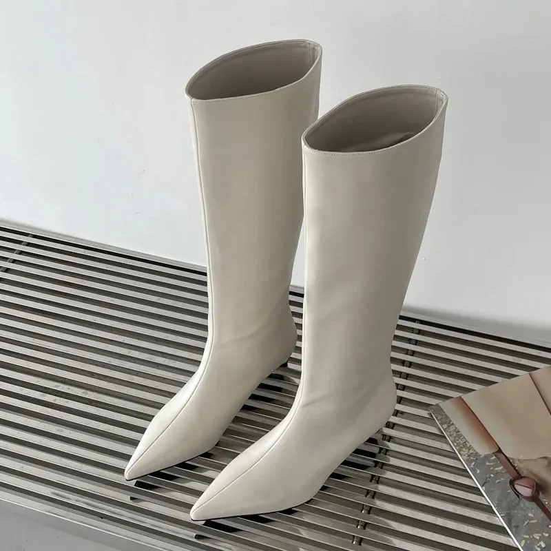 2024 Fashion Women's Pointed Low Heel Knee-High Boots - PU Sewing Spring/Autumn Party & Western Style (Sizes 35-40)