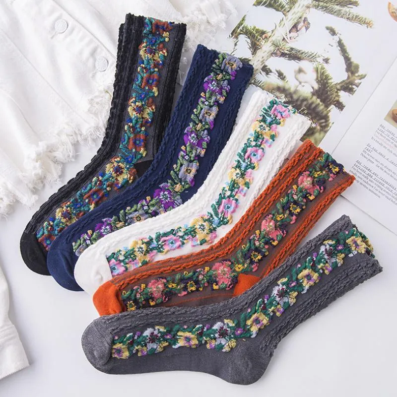 5 par Vintage-broderede blomstersokker