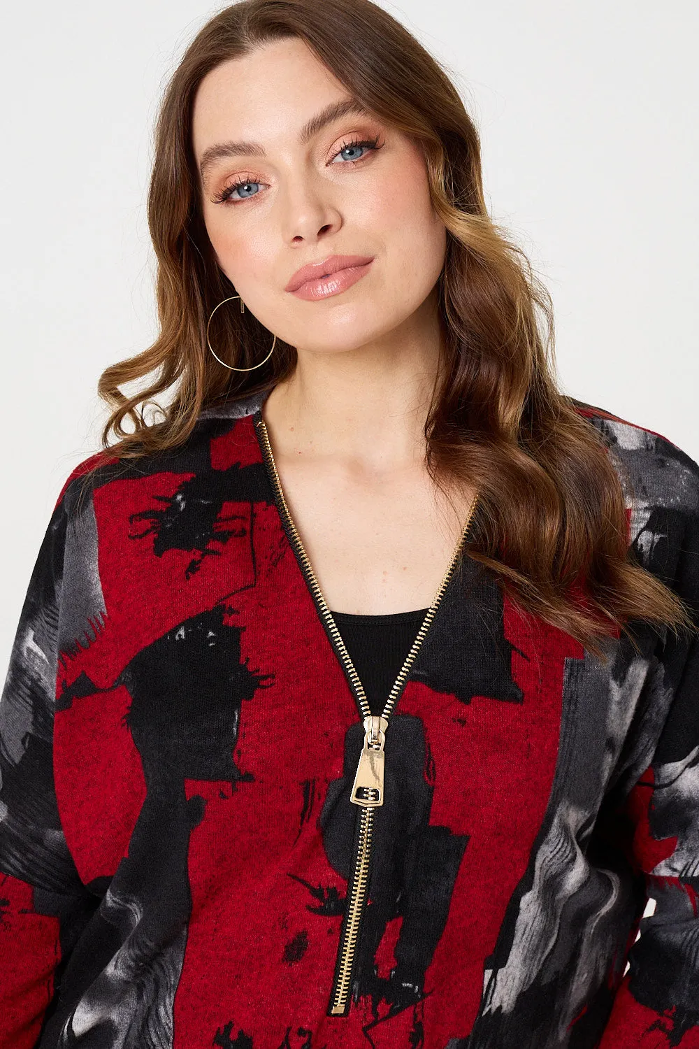 Abstract Zip Front Long Sleeve Top