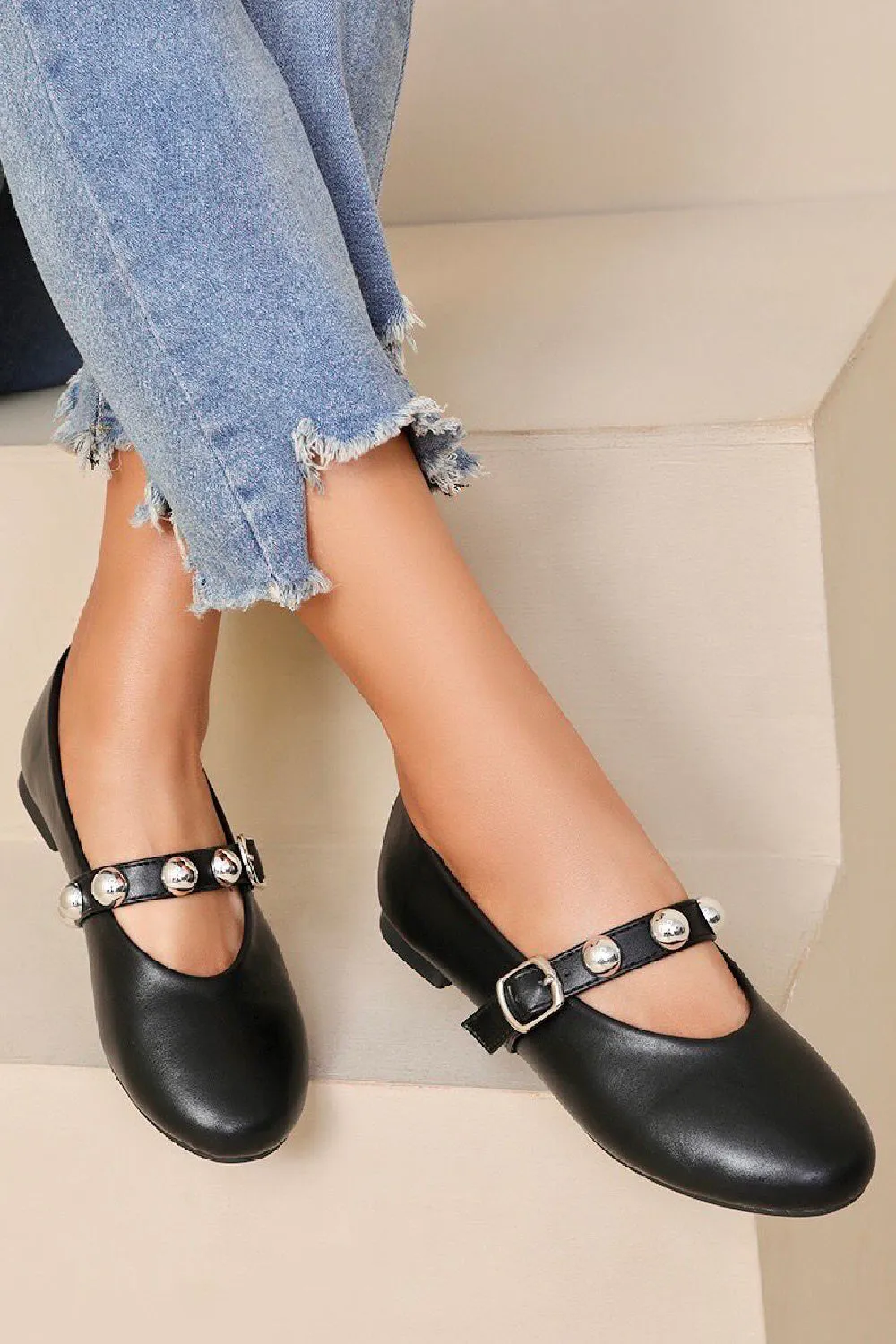 BLACK CROSS STRAP SILVER STUD DETAIL MARY JANE FLAT PUMPS