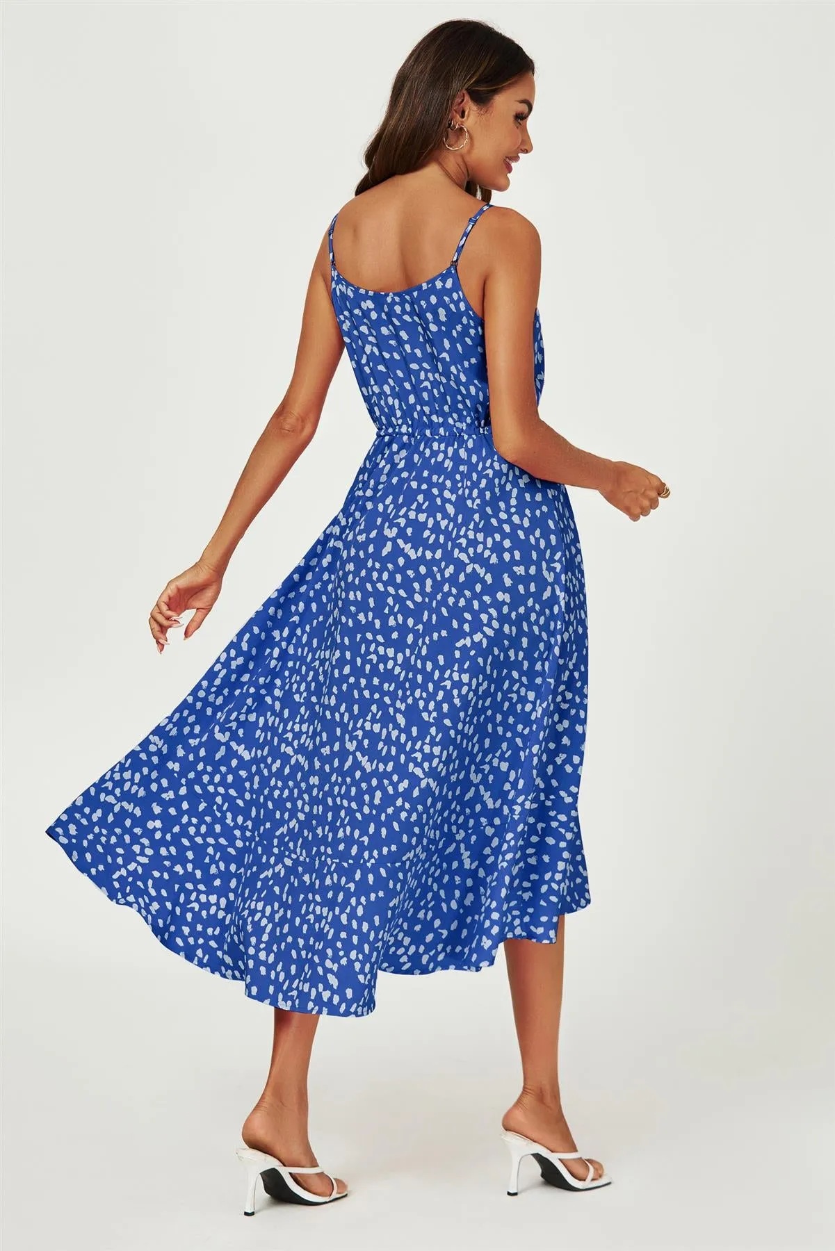 Button Down High Low Strappy Dress In Blue