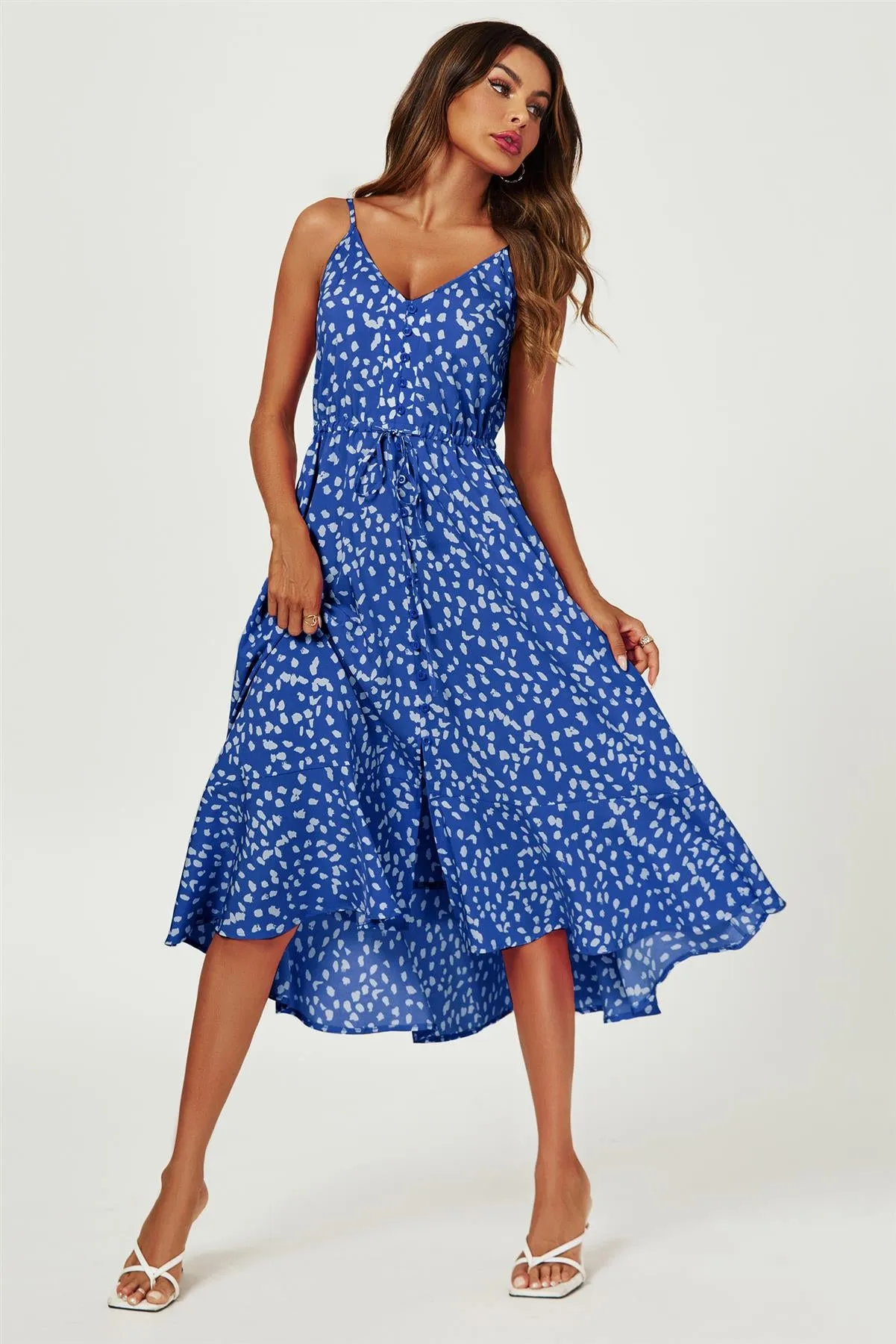 Button Down High Low Strappy Dress In Blue