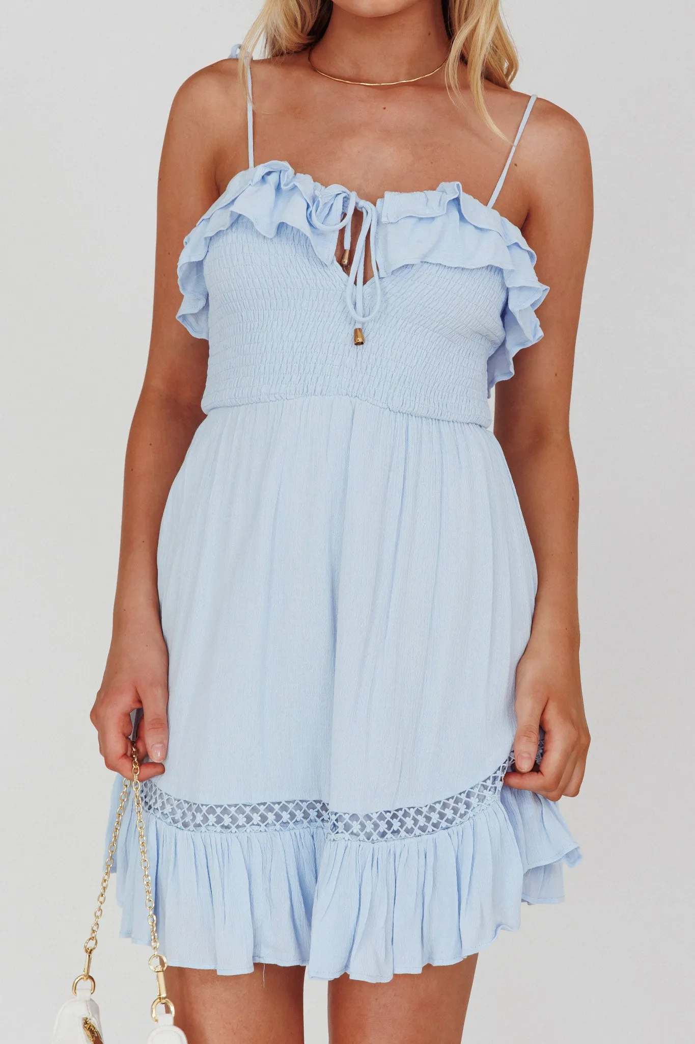Daydream Shirred Bust Frill Trim Mini Dress Ice Blue