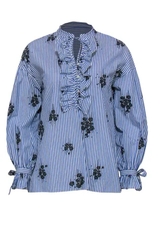 Derek Lam 10 Crosby - Blue & White Striped & Floral Print Ruffle Long Sleeve Blouse Sz 4