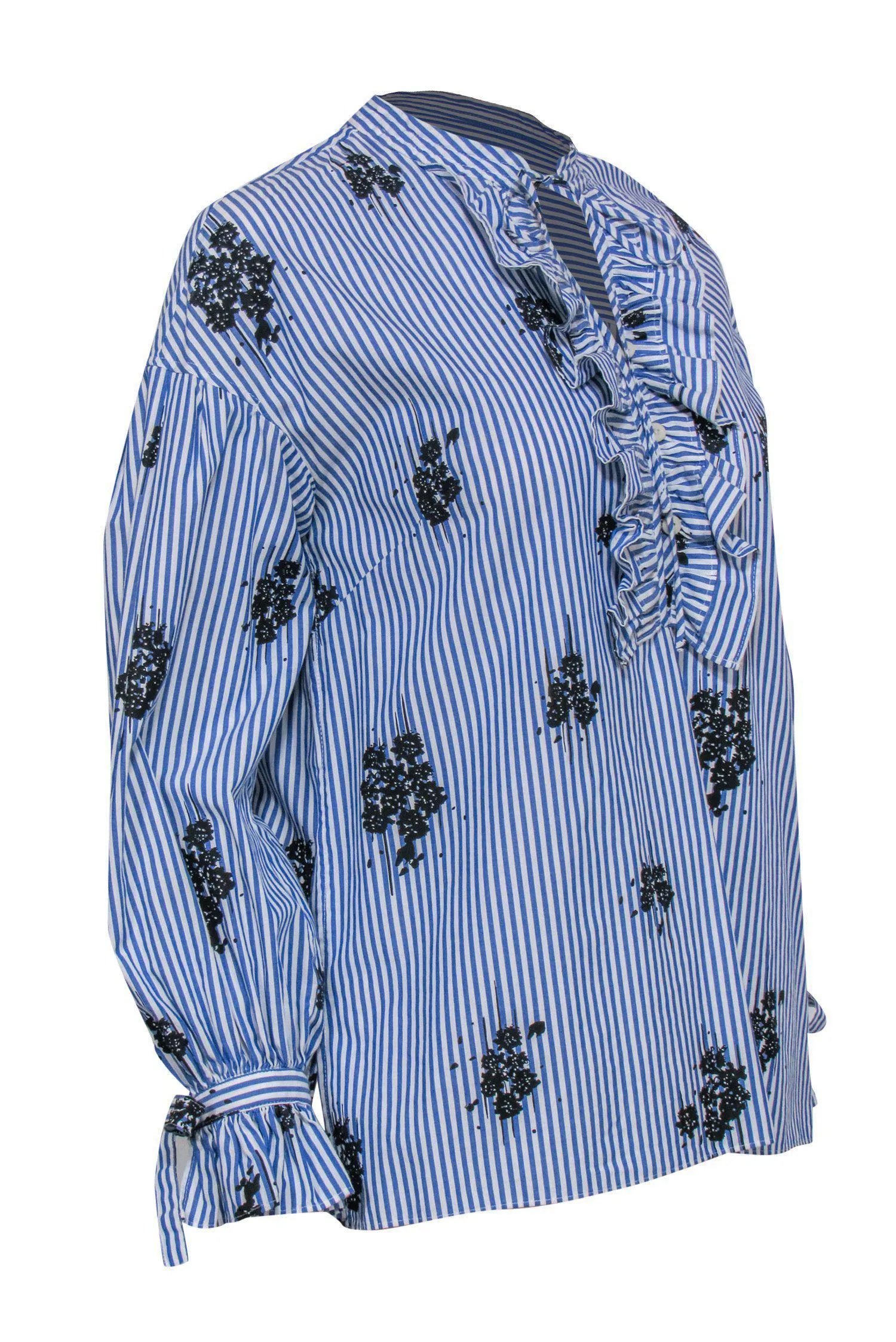 Derek Lam 10 Crosby - Blue & White Striped & Floral Print Ruffle Long Sleeve Blouse Sz 4