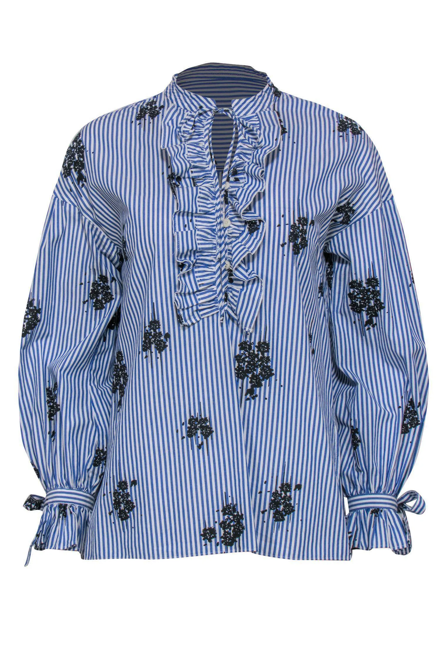 Derek Lam 10 Crosby - Blue & White Striped & Floral Print Ruffle Long Sleeve Blouse Sz 4