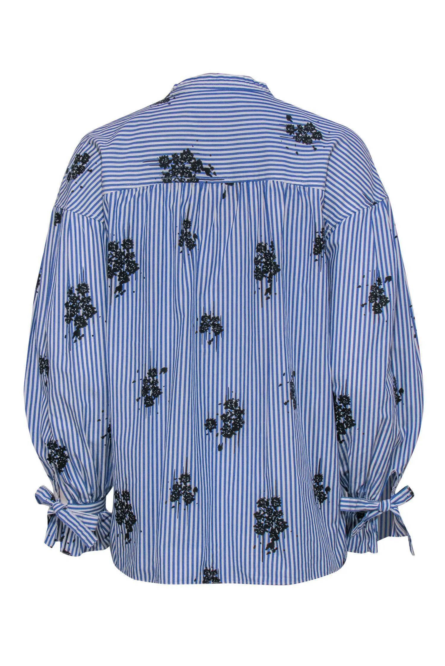 Derek Lam 10 Crosby - Blue & White Striped & Floral Print Ruffle Long Sleeve Blouse Sz 4
