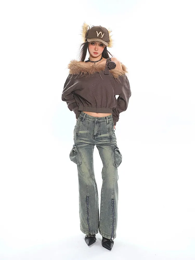Faux Fur Trim Off-Shoulder Long Sleeve Top with Single Strap