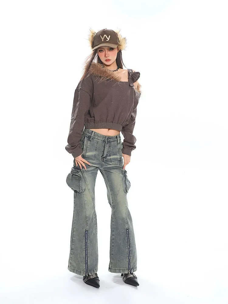 Faux Fur Trim Off-Shoulder Long Sleeve Top with Single Strap