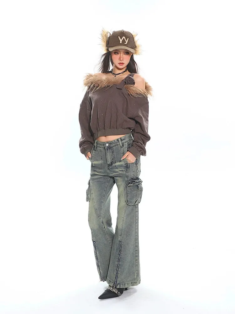 Faux Fur Trim Off-Shoulder Long Sleeve Top with Single Strap
