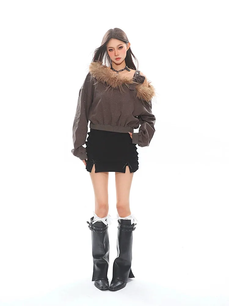 Faux Fur Trim Off-Shoulder Long Sleeve Top with Single Strap