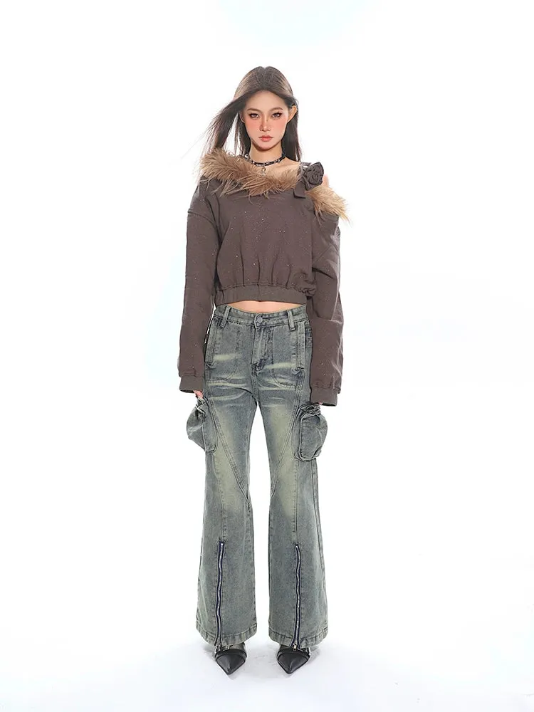 Faux Fur Trim Off-Shoulder Long Sleeve Top with Single Strap
