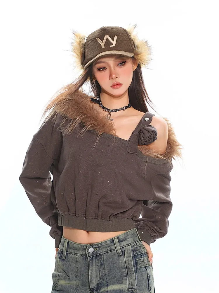 Faux Fur Trim Off-Shoulder Long Sleeve Top with Single Strap