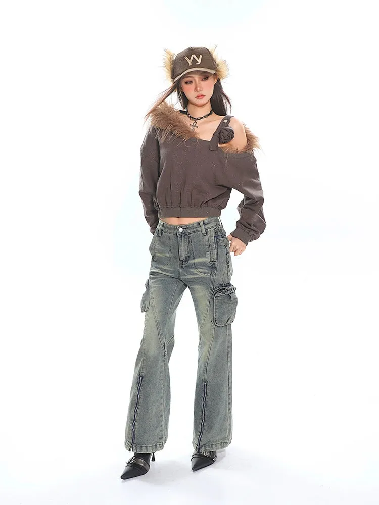 Faux Fur Trim Off-Shoulder Long Sleeve Top with Single Strap