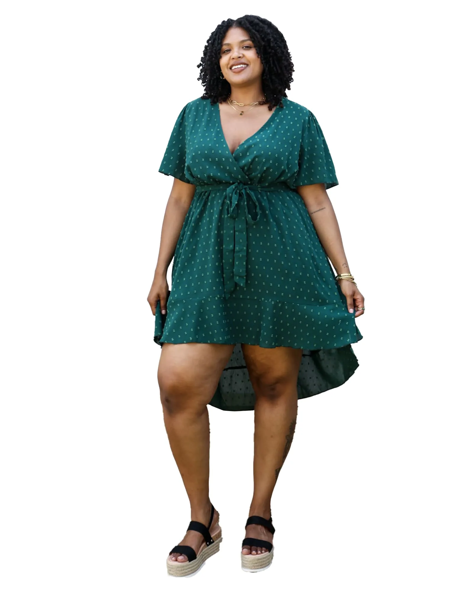 Green Swiss Dot Midi Dress with High-Low Skirt | Green