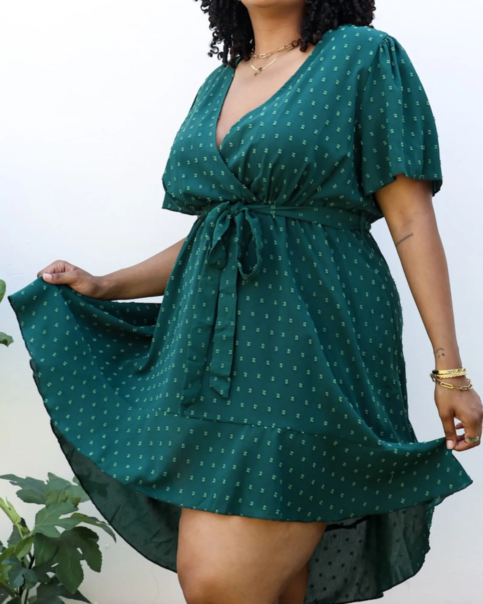 Green Swiss Dot Midi Dress with High-Low Skirt | Green