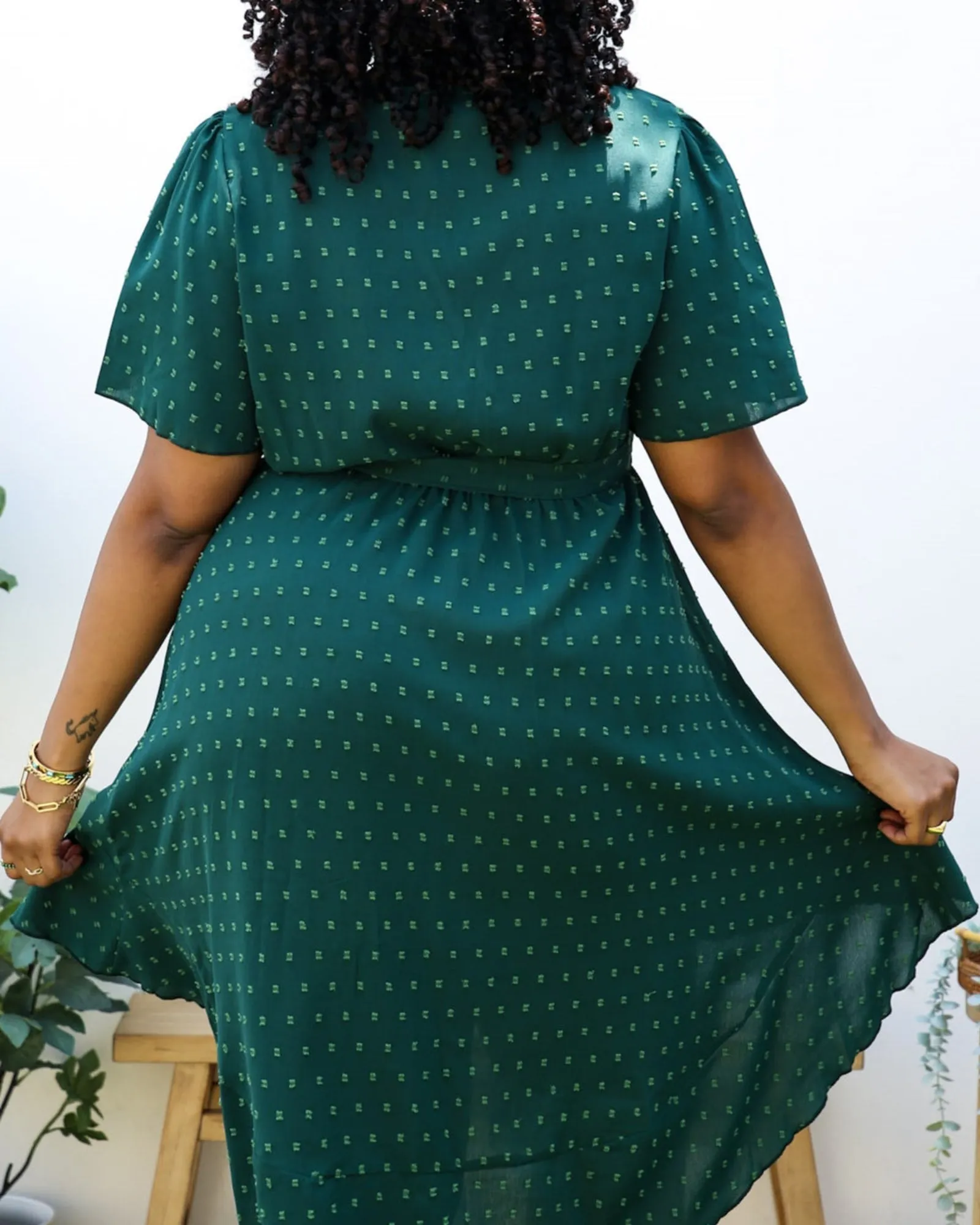 Green Swiss Dot Midi Dress with High-Low Skirt | Green