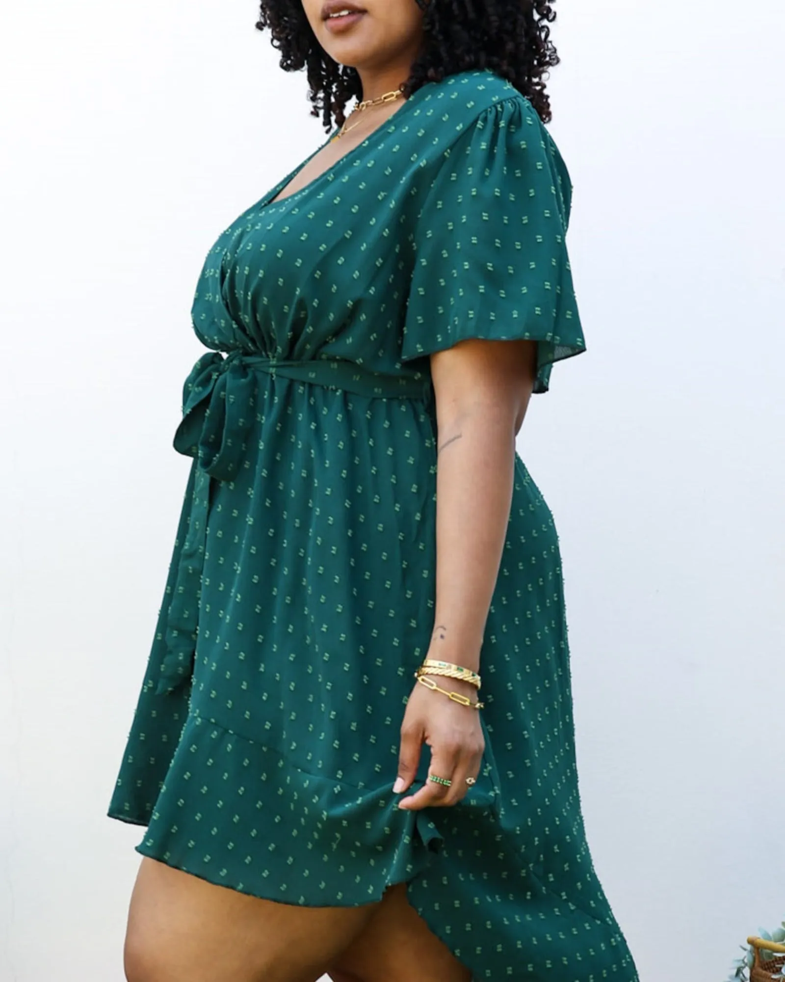Green Swiss Dot Midi Dress with High-Low Skirt | Green