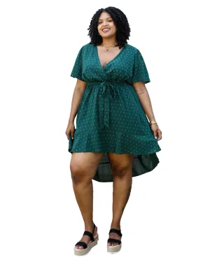 Green Swiss Dot Midi Dress with High-Low Skirt | Green