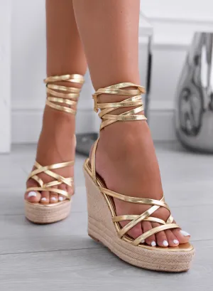 HAZEL - Alexoo gold metallic espadrille sandals with laces