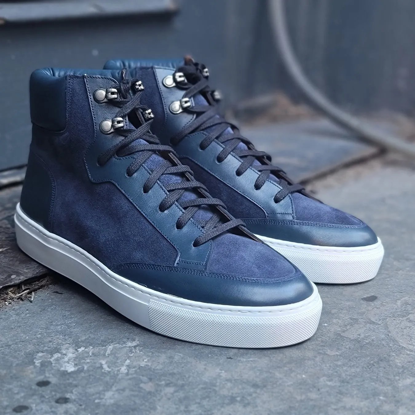Height Increasing Navy Blue Suede and Leather Foxton Lace Up High Top Sneakers - Summer 2024 Collection