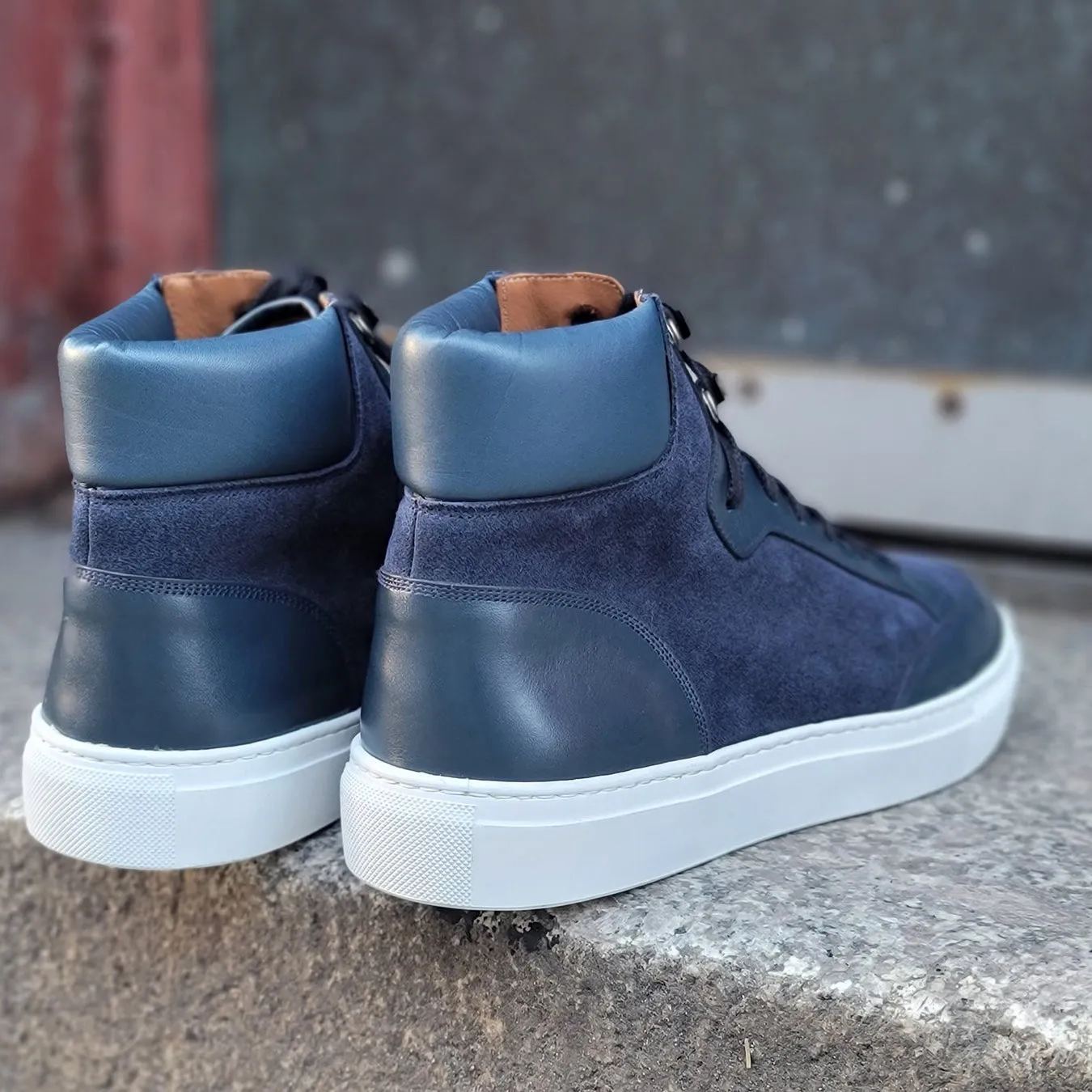 Height Increasing Navy Blue Suede and Leather Foxton Lace Up High Top Sneakers - Summer 2024 Collection