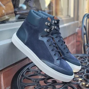 Height Increasing Navy Blue Suede and Leather Foxton Lace Up High Top Sneakers - Summer 2024 Collection