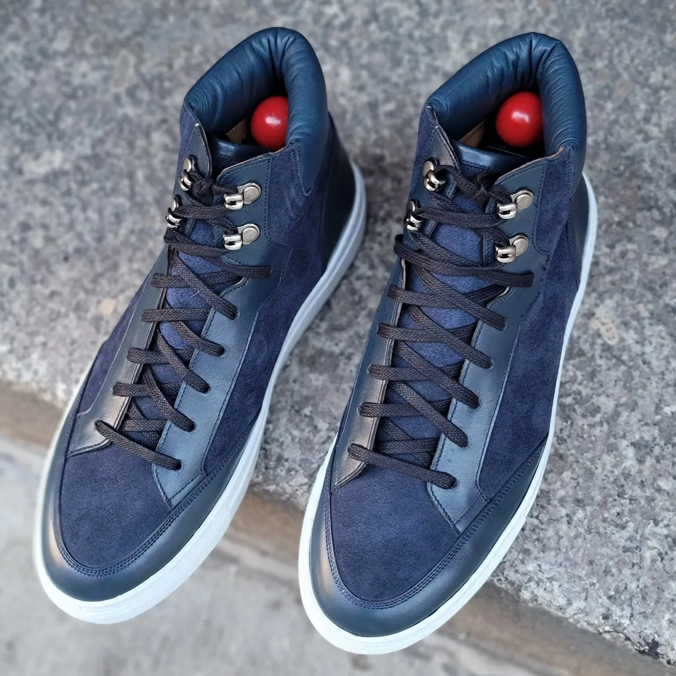 Height Increasing Navy Blue Suede and Leather Foxton Lace Up High Top Sneakers - Summer 2024 Collection