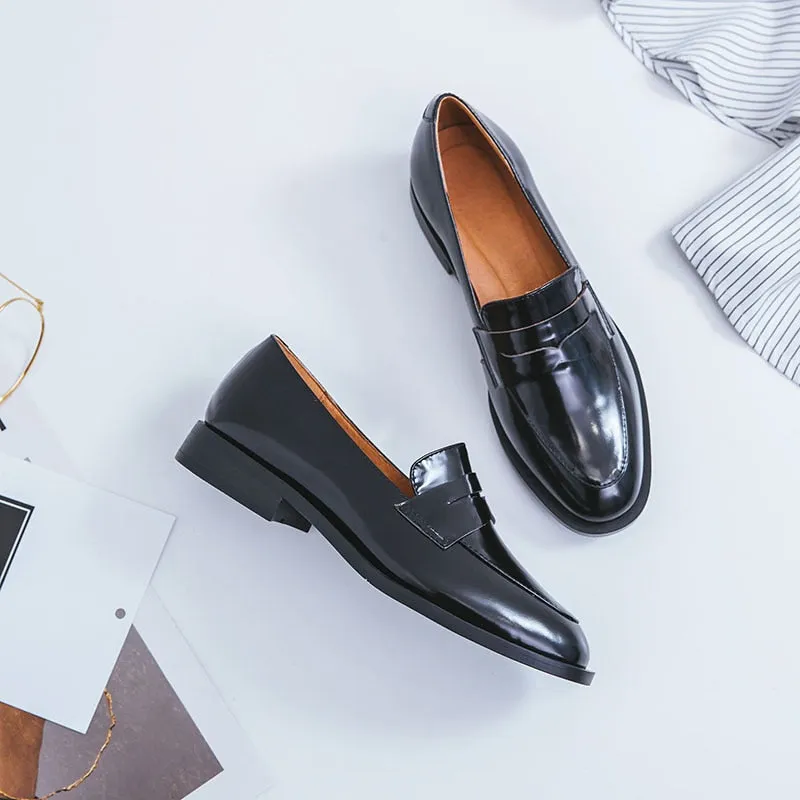 ladies Leather shoes British style plus size 22-26.5cm women pumps loafers lazy shoes womens platform heels black shoes
