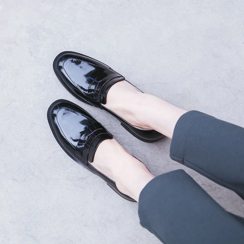 ladies Leather shoes British style plus size 22-26.5cm women pumps loafers lazy shoes womens platform heels black shoes