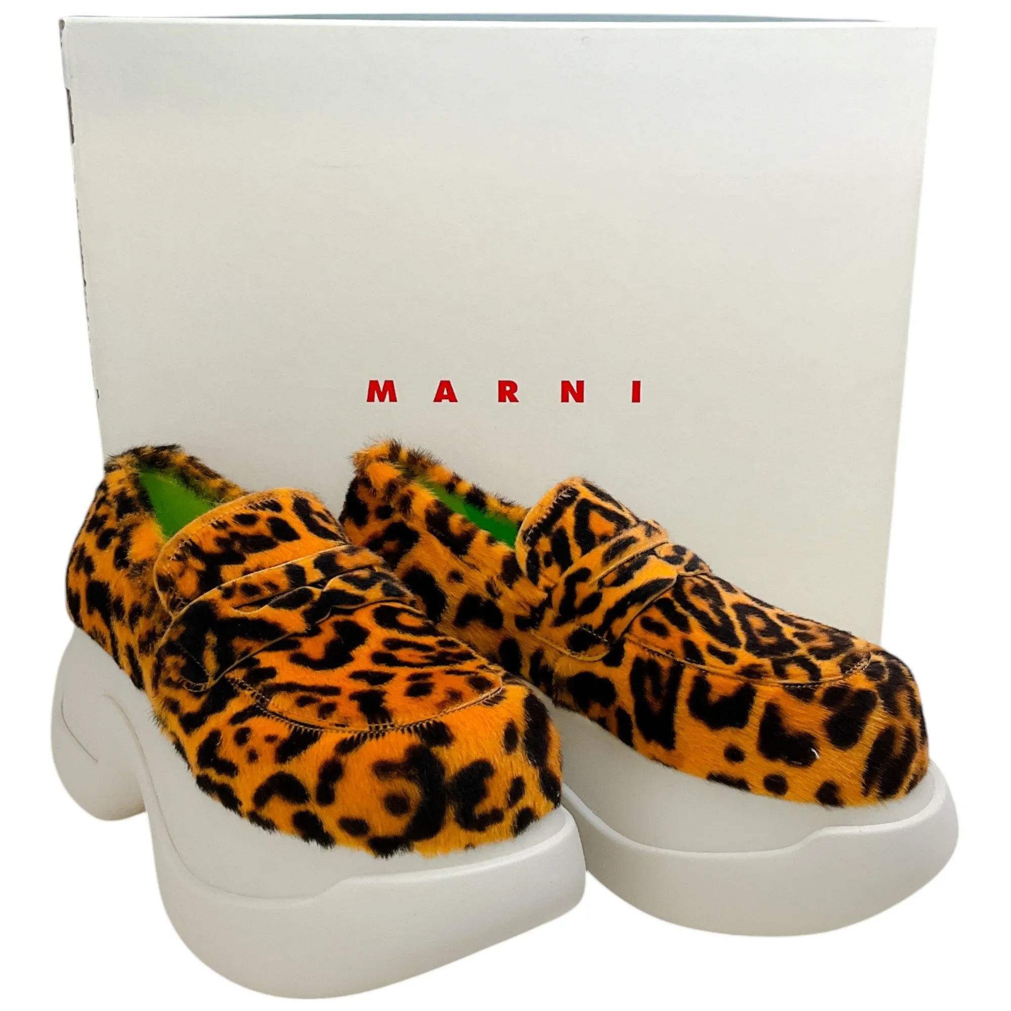 Marni Brown Leopard Calf Hair Platform Loafers