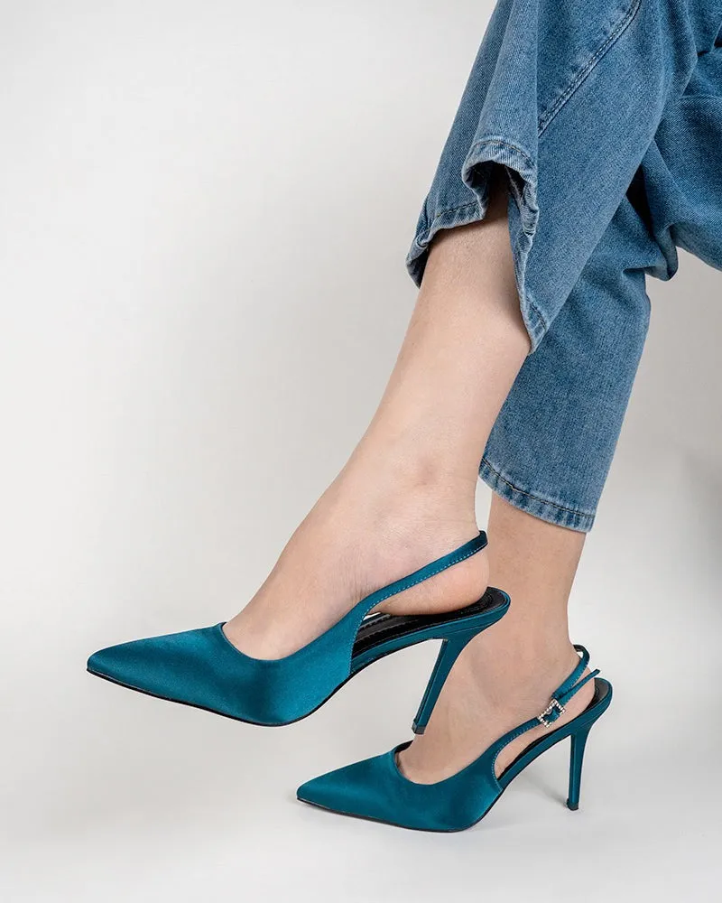 One-word Buckle Pointed Toe Satin Stiletto Heeled Sandals