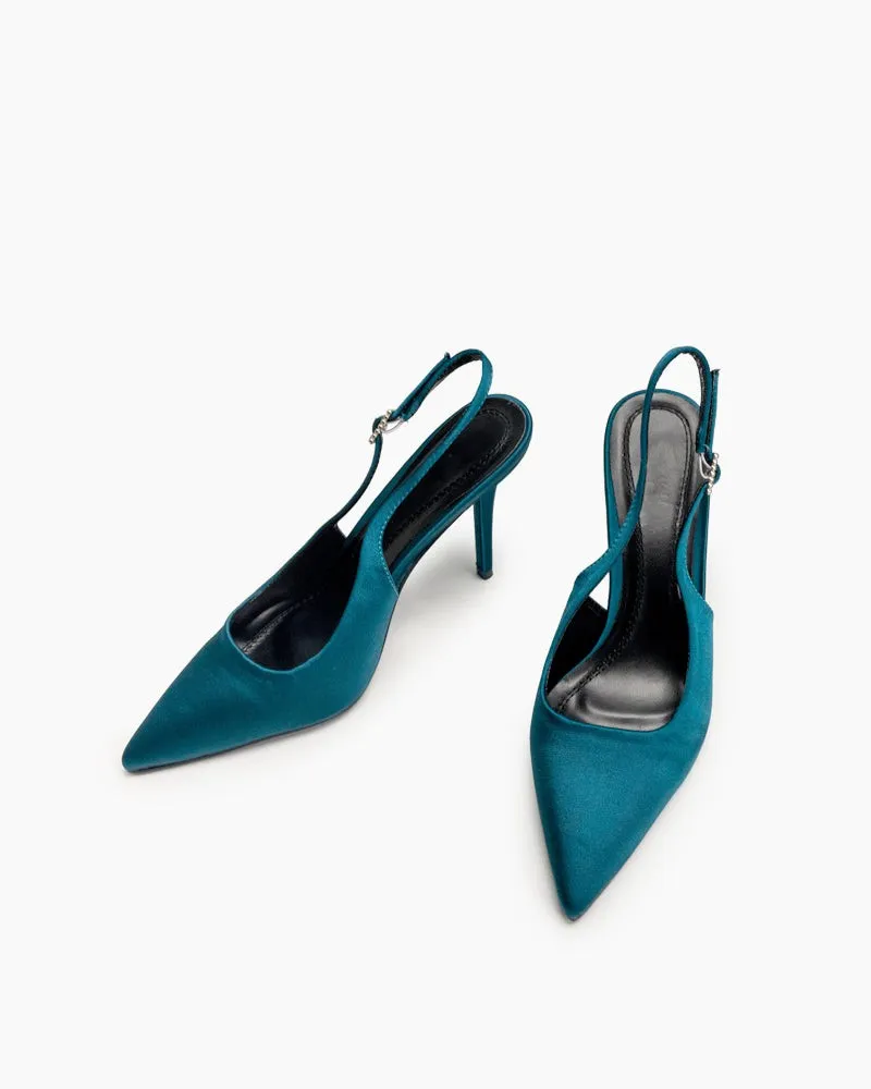 One-word Buckle Pointed Toe Satin Stiletto Heeled Sandals