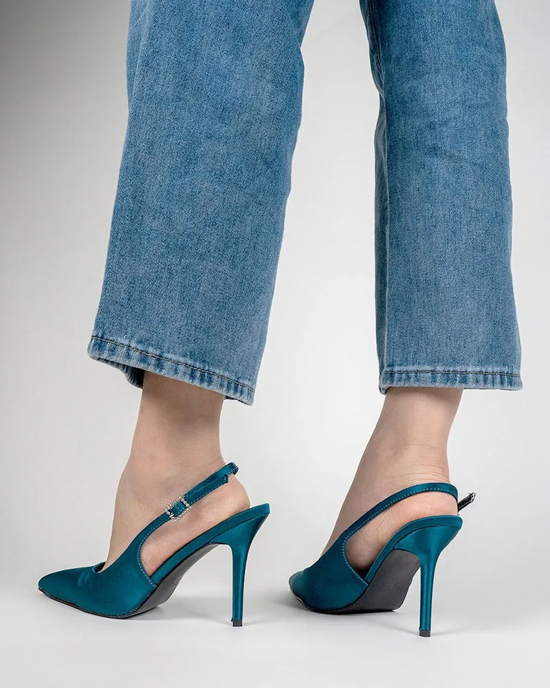 One-word Buckle Pointed Toe Satin Stiletto Heeled Sandals