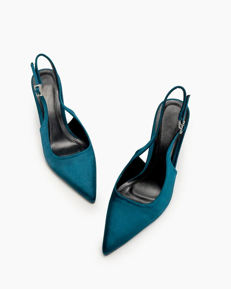 One-word Buckle Pointed Toe Satin Stiletto Heeled Sandals