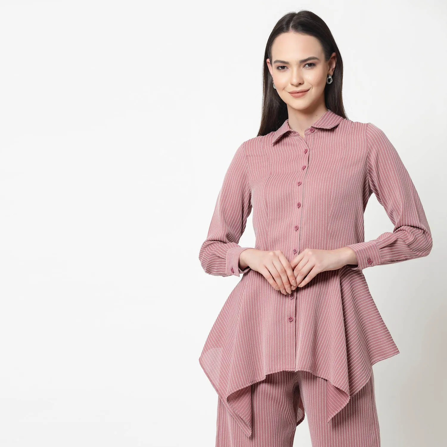 Pink Asymmetrical Shirt With White Lines