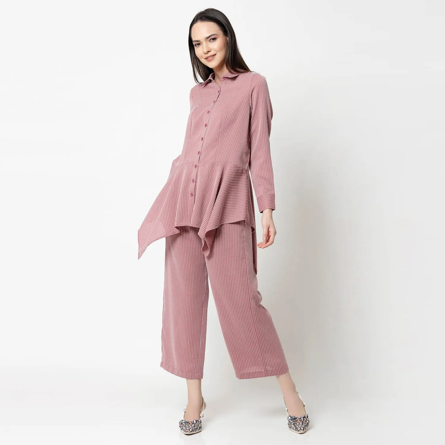 Pink Asymmetrical Shirt With White Lines