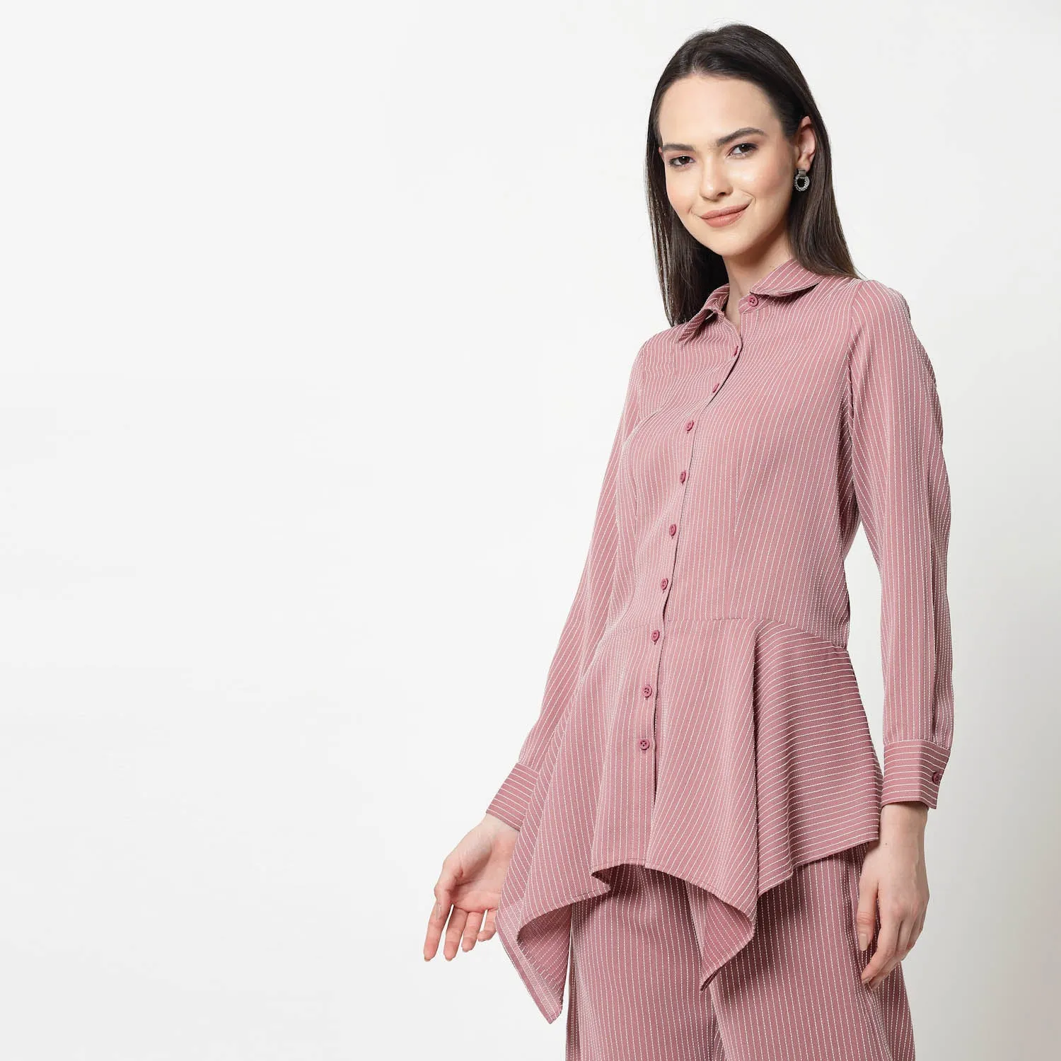 Pink Asymmetrical Shirt With White Lines