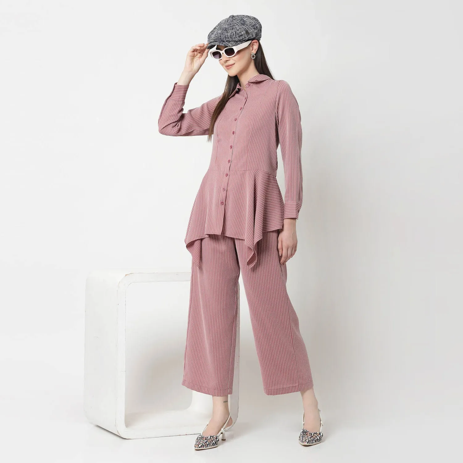 Pink Asymmetrical Shirt With White Lines
