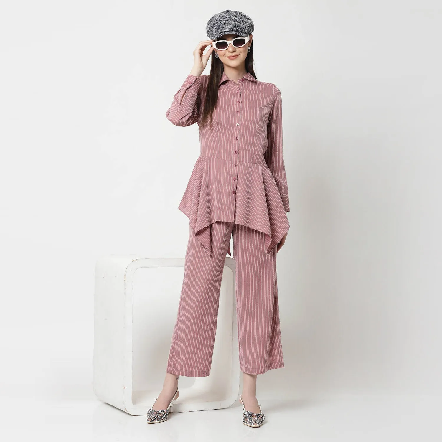 Pink Asymmetrical Shirt With White Lines