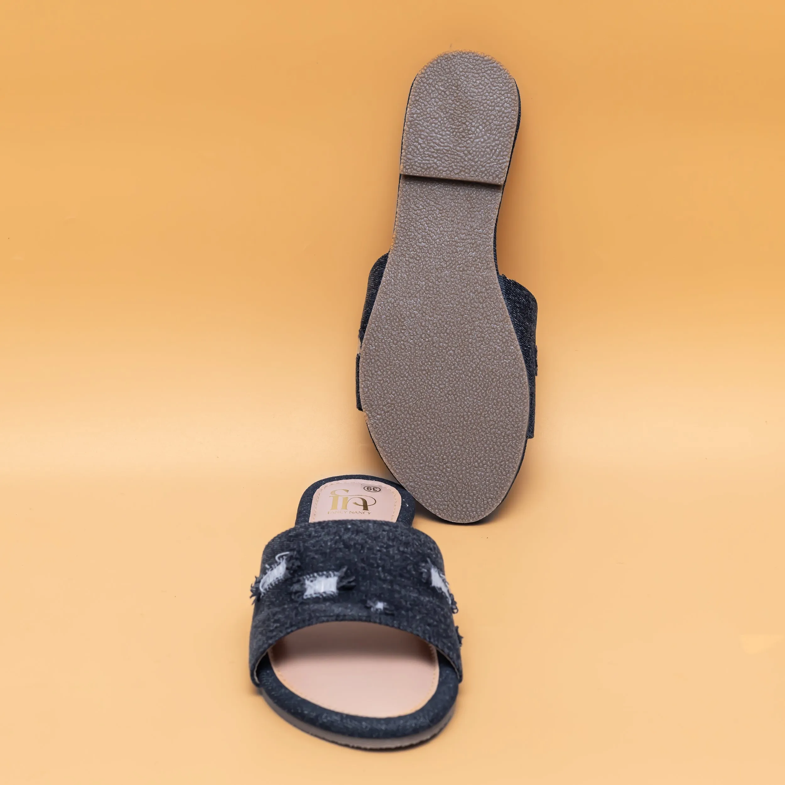 Ripped Denim Sliders - Black