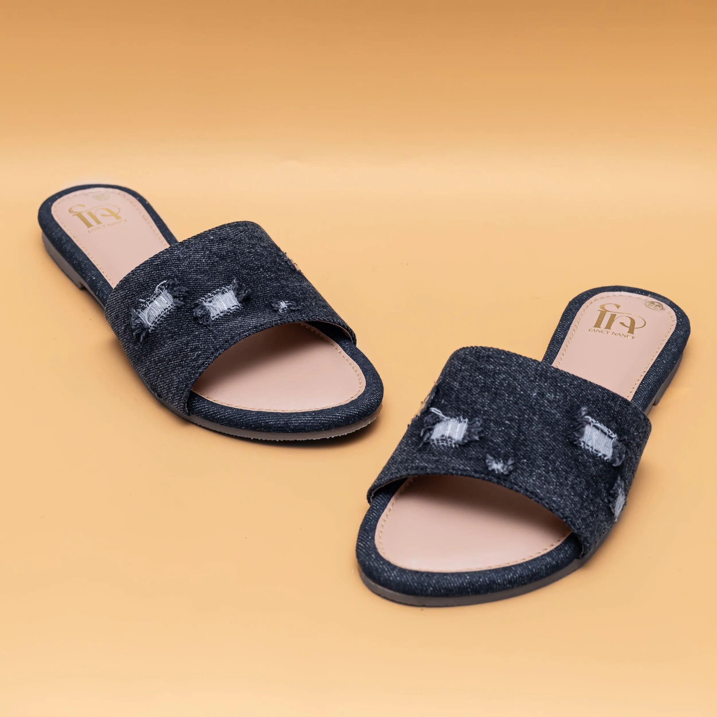Ripped Denim Sliders - Black