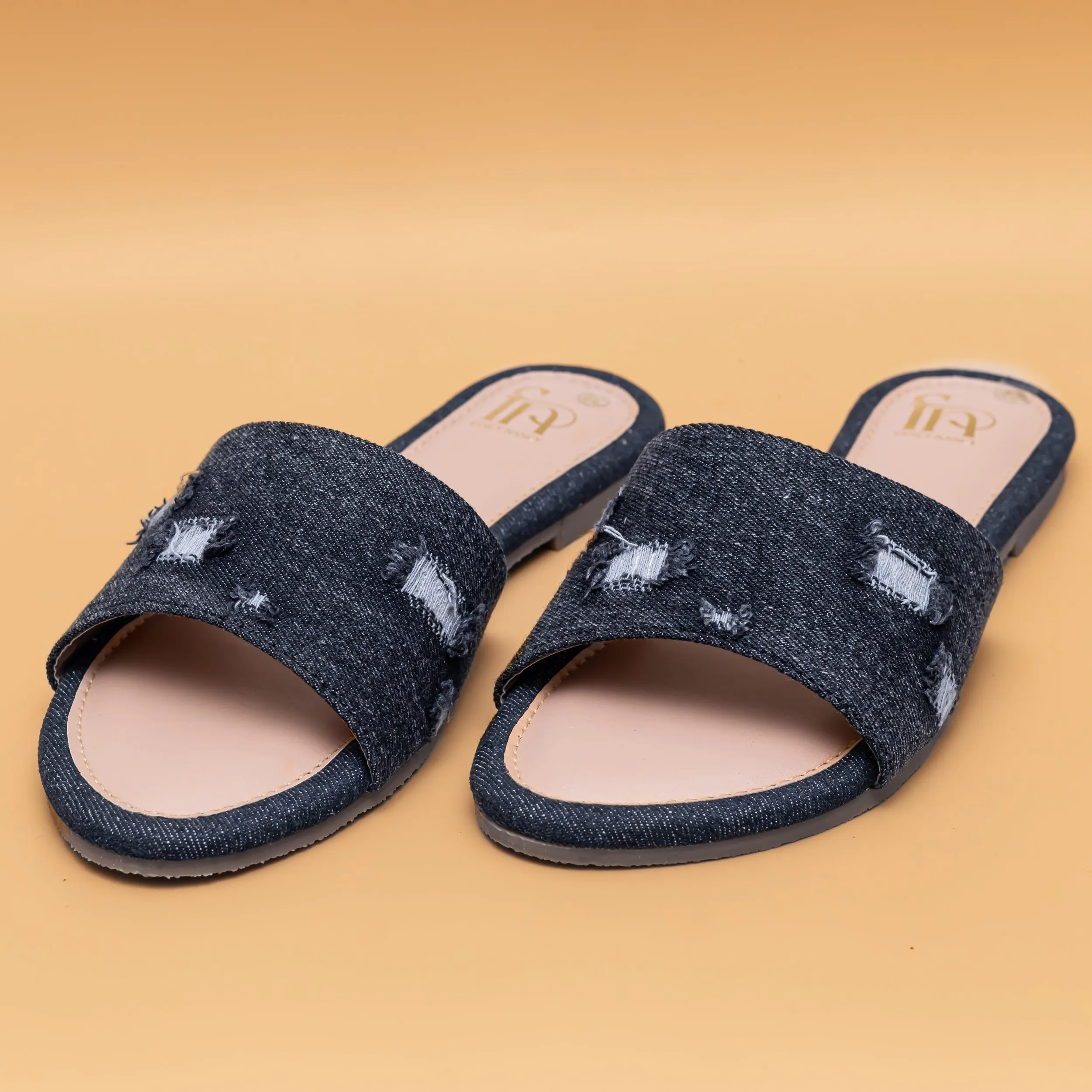 Ripped Denim Sliders - Black