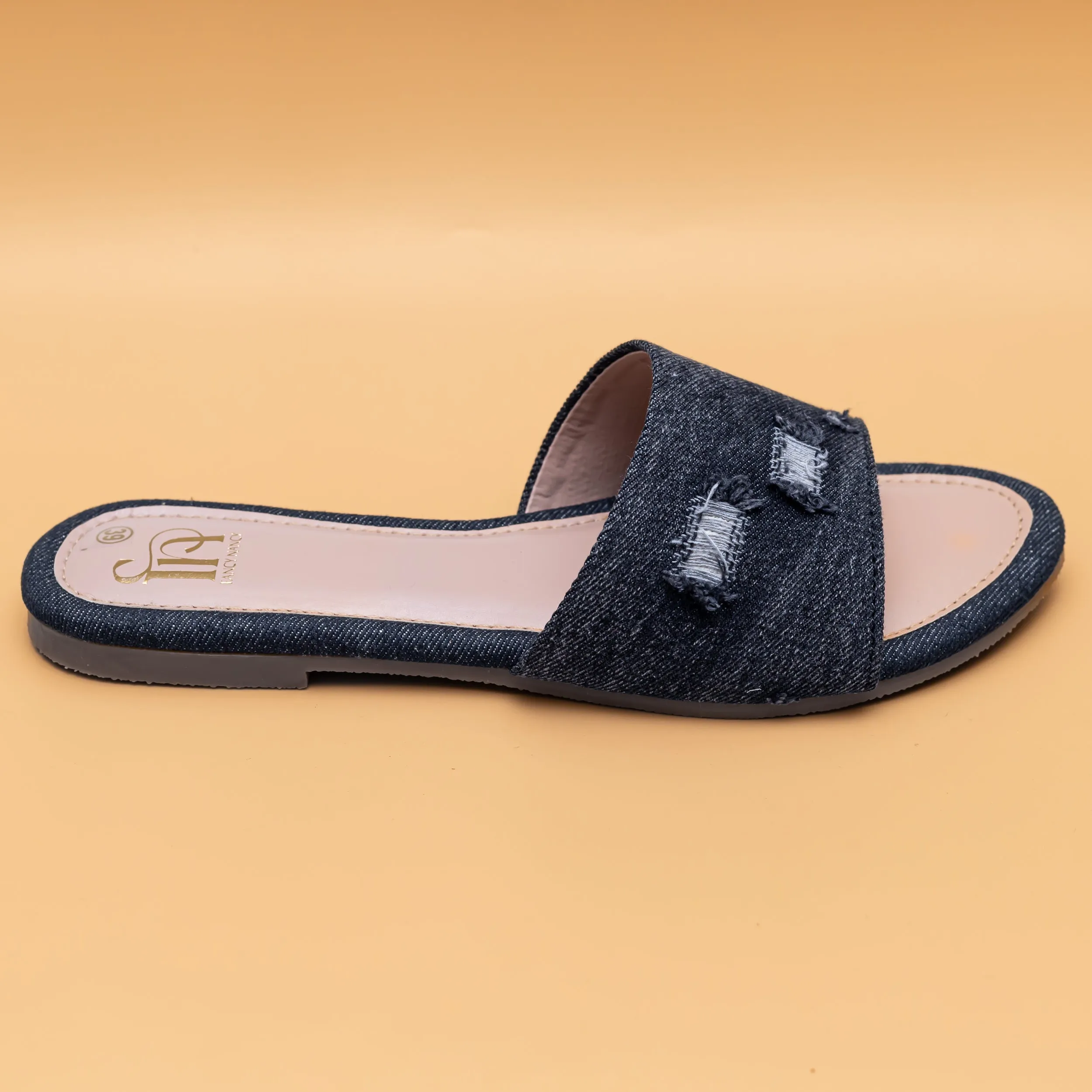 Ripped Denim Sliders - Black