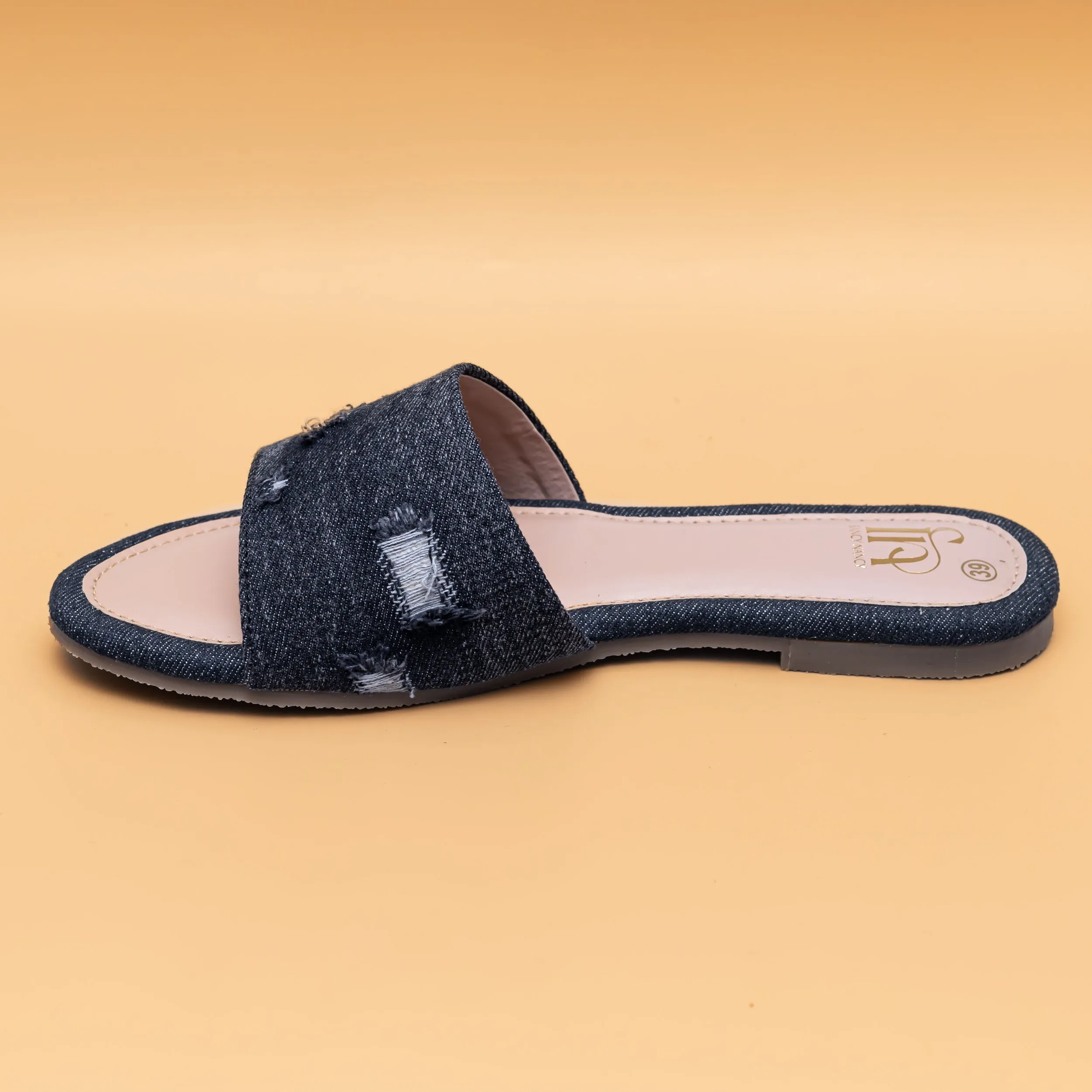 Ripped Denim Sliders - Black