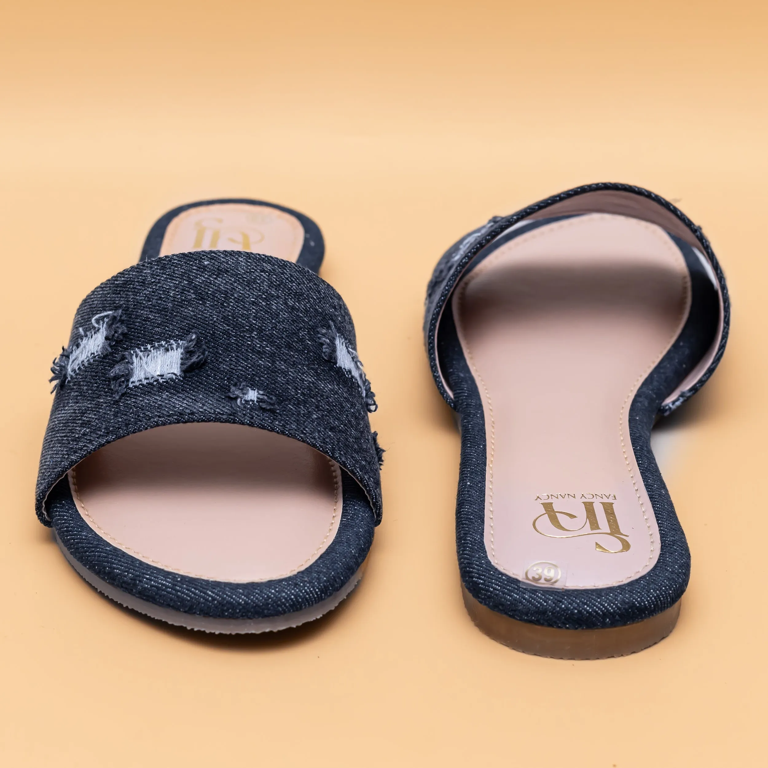 Ripped Denim Sliders - Black
