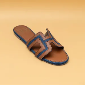 Round Toe H Flats-Tan/Blue