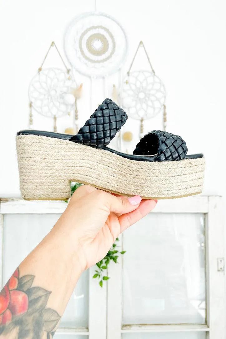 Sizes 6, 10 // Braided Platform Espadrilles - Black