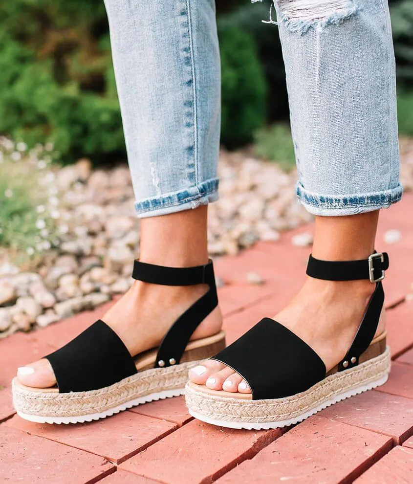 Soda Topic Open Toe Buckle Ankle Strap Espadrilles Flatform Wedge Casual Sandal (11, Black)